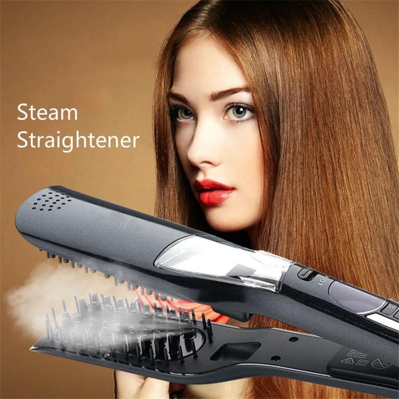 Electric Hair Brushes LCD Steam Straightener Brush Flat Iron Vapor Plate Led Ferro Dry & Wet Steampod Styling Tool