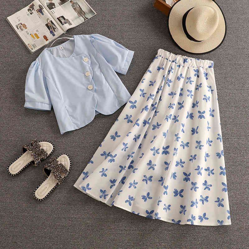 Two Piece Dress Summer Korean Chic Sweet Set Women Crop Top Shirt Blouse + Floral Print Long Skirts Suits Fashion Casual 2 Sets KS