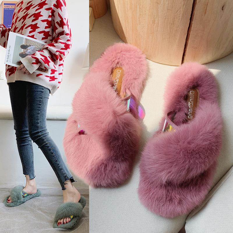 Slippers Cross Band Glitter Furry Slides Winter Shoes Women Hair Warm Mules Home Fluffy Fur Trendy Flip Flops Pantoufle