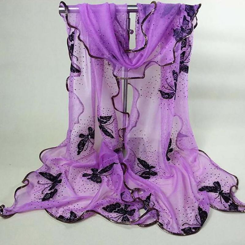 Scarves Summer Luxury Lace Edged Scarf For Women Vintage Colorful Butterfly Gauze Veil Long Large Soft Wraps Shawl Bufandas