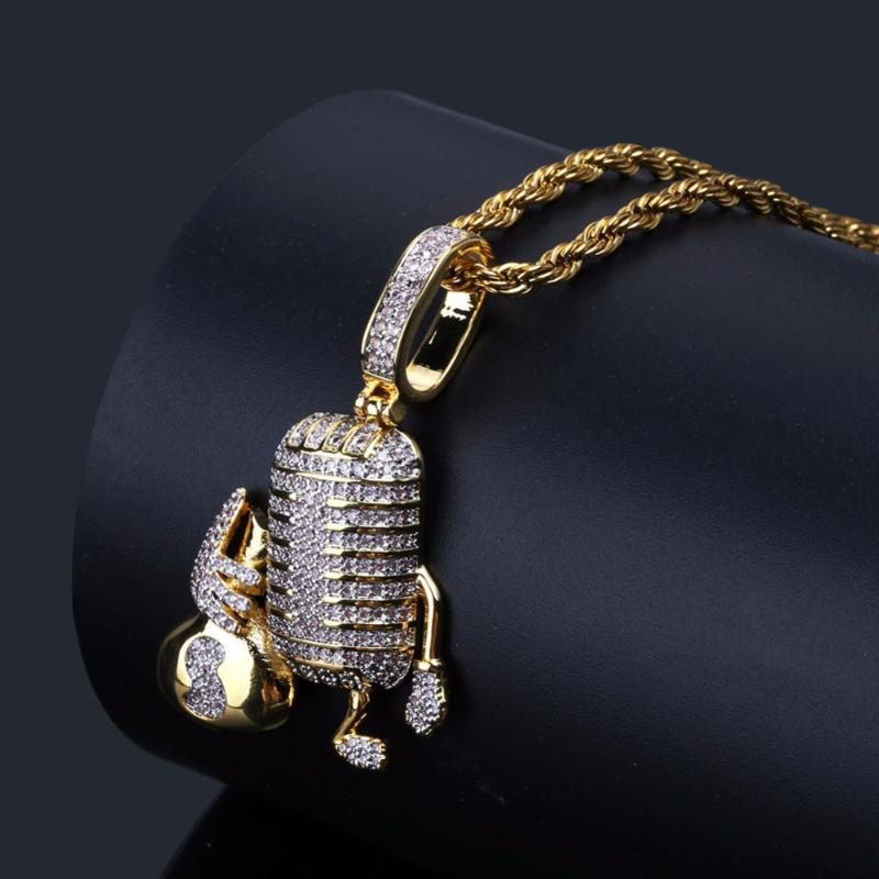 Pendant Necklaces Micro Pave CZ Stone Bling Out Cartoon Microphone Gold Color Copper Dollar Men&#039;s Hip Hop Rapper Jewelry