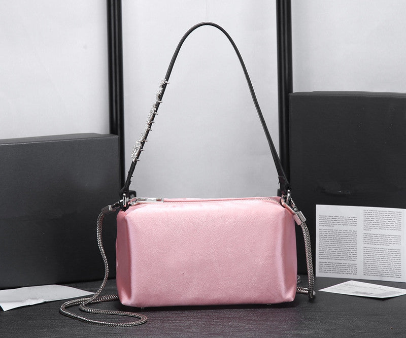 Newest women brand silk handbags letters diamond evening bags candy color pink green trend shoulder bag chains cross body