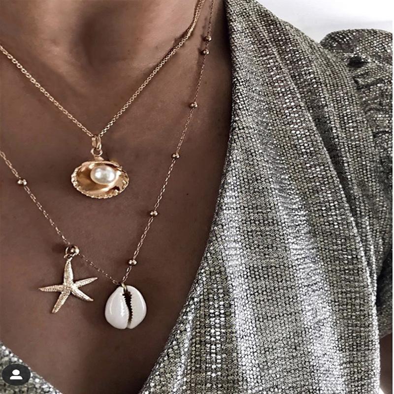 Pendant Necklaces Gold Color Choker Necklace For Women 2 Layers Star Pearl Shell Chain & Pendants Velvet Chokers Fashion Jewelry