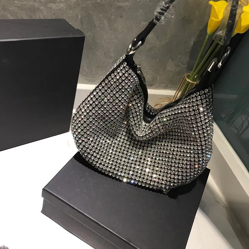 Round cake semicircle drill bags brand full diamond shoulder bag large capacity bucket pouch luxury designer genuine leather axillary package