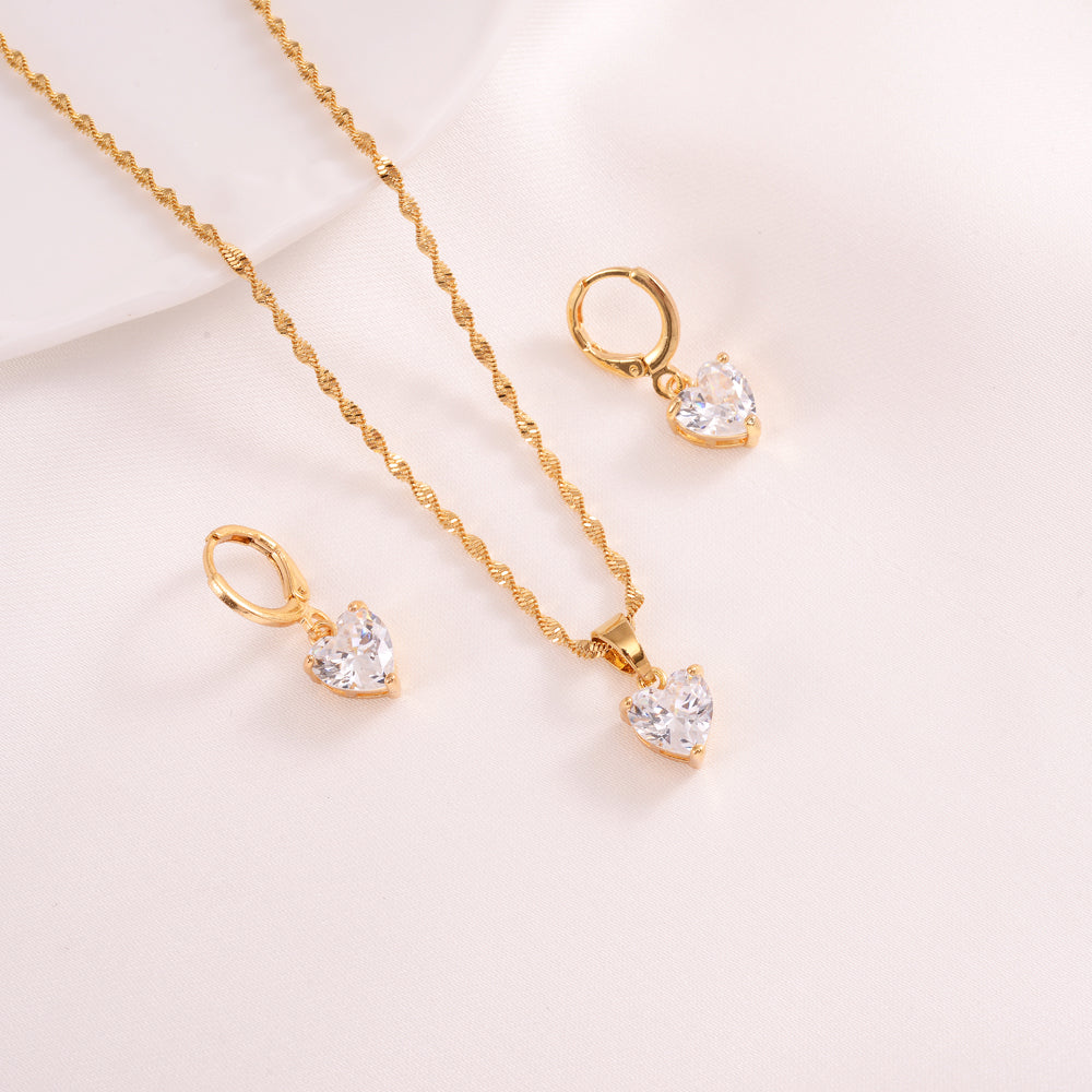 White Rhinestones Love Heart Pendant Fine Solid Gold Filled Necklace Earrings Set Costume Jewellery