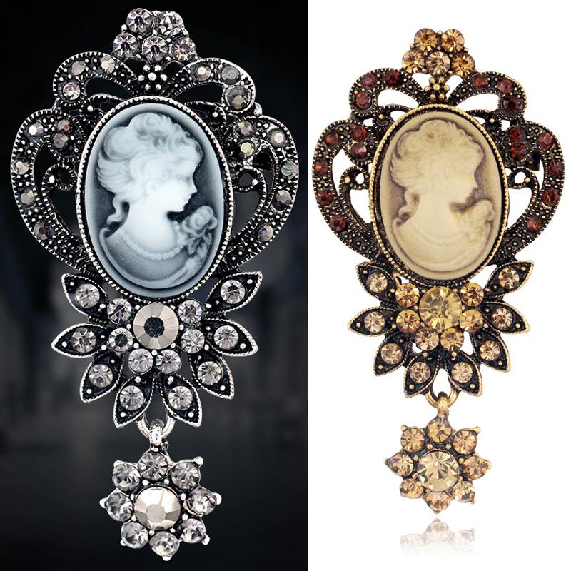 Pins, Brooches 2021 Fashion Antique Silver Color Vintage Brooch Pins Elegant Beauty Queen Cameo Rhinestone For Women Broches