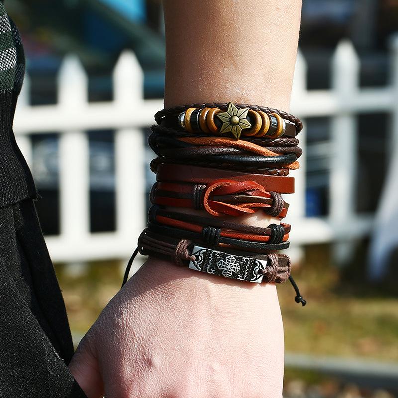 Charm Bracelets BPK016 Retro Handmade Cowhide Genuine Leather Bracelet Woven Bracelete Masculino Jewellery Set Combination Gioielli