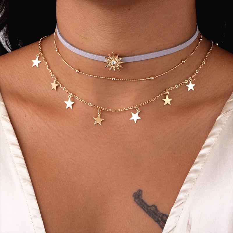 Pendant Necklaces Trend Pentagram Sun Multi Layer Necklace Women&#039;s Flannelette Gold Chain Choker Fashion Party Jewelry Gifts