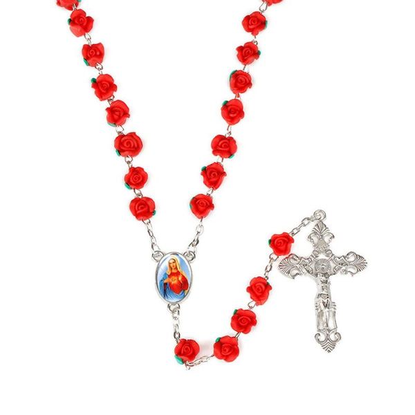 Pendant Necklaces Polymer Clay Rose Beads Rosary Catholic Necklace With Holy Soil Medal Crucifix Religious Cross