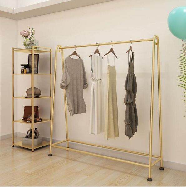 Simple iron clothing rack Commercial Furniture bedroom cloakroom floor hanger clothes shop gold cloth display racks