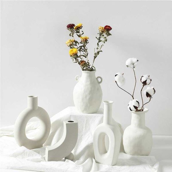 Ceramic Flower Vases Nordic Home Decoration Ornaments White Plant Pot Art Decor Crafts Wedding Vase for Centerpieces 210623