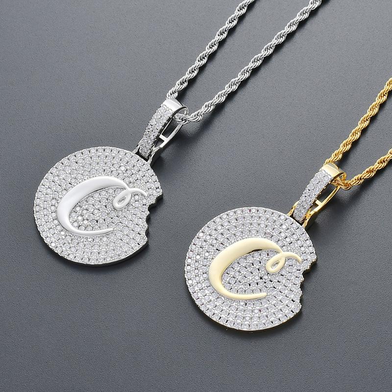 Pendant Necklaces Hip Hop Cubic Zirconia Paved Bling Iced Out Solid Cookie Biscuit Round Pendants Necklace For Men Jewelry Gold Silver C