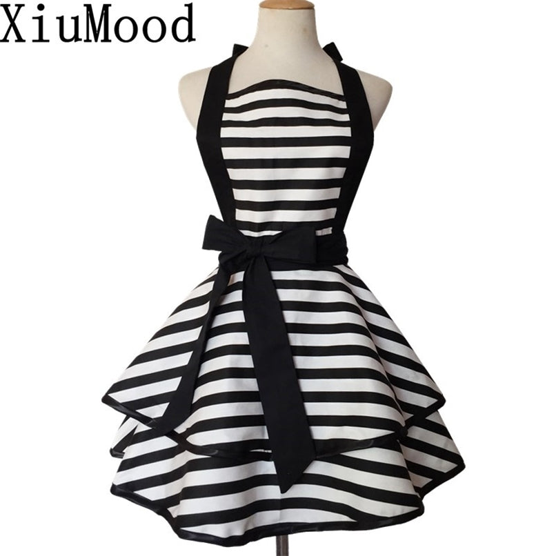 XiuMood Apron Black And White Striped Simple Double Layer Cotton Fabric Skirt Home Kitchen Cooking Aprons For Woman Adult Bibs 210625