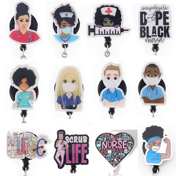 50 pcs-lot Custom Key Rings Black Girl Nurse Doctor Acrylic Retractable Medical Badge Holder Yoyo Pull Reel Doctors ID Name Card For Gift