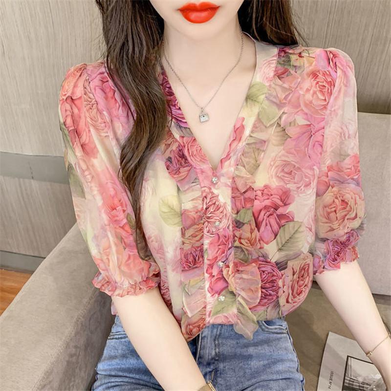 Women&#039;s Blouses & Shirts Floral Chiffon Women French Style Temlperament Half Sleeve Loose V-Neck Ropa De Mujer Blusas Tops MM0921
