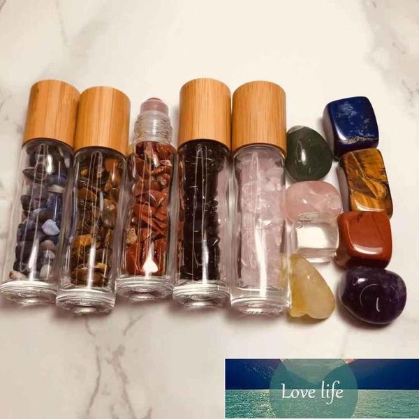 Storage Bottles & Jars 10ml Natural Glass Crystal Stone Essential Oil Massage Roller Doterra Roll On Perfume Bottle Bamboo Cap Factory price