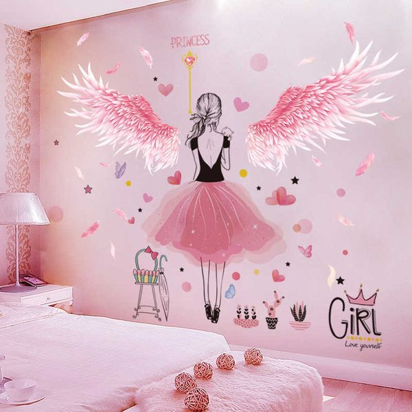 Pink Feathers Wings Wall Stickers DIY Cartoon Girl Wall Decals for Kids Rooms Baby Bedroom Children Nursery Home Decoration 210705