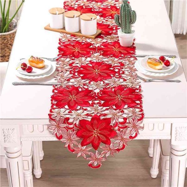 Double Thickness Red Rustic Cutwork Embroidered Floral Table Runners Christmas Decorations High Quality For Home Dining 210709