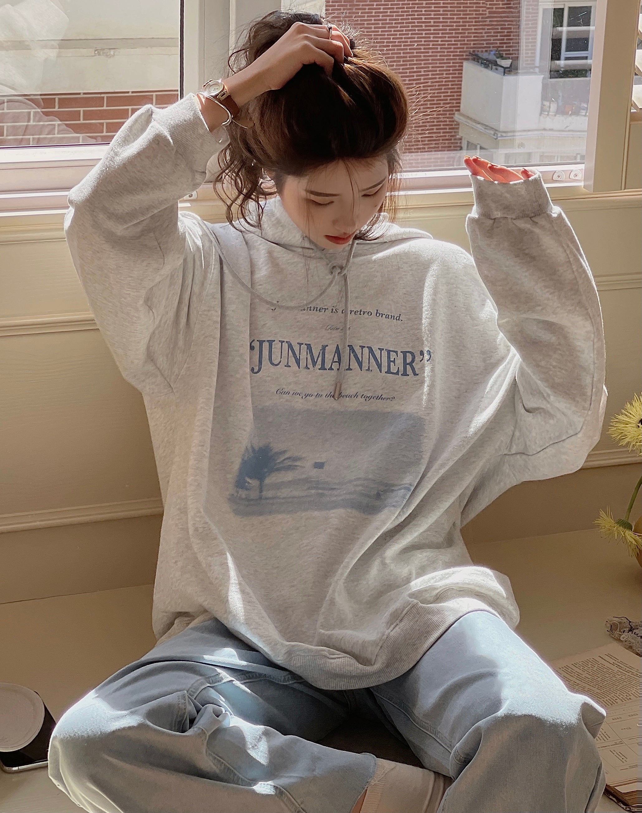 2021 womens Sea salt blue-gray hooded sweater women loose Korean style 2021 spring and autumn pullover blouse