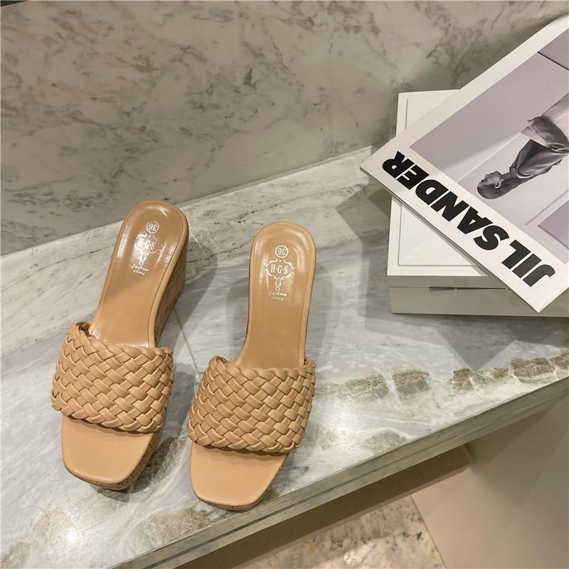 Sandals Women&#039;s Summer Wood Grain One-word Drag Square Toe Woven Wedge And Slippers Women