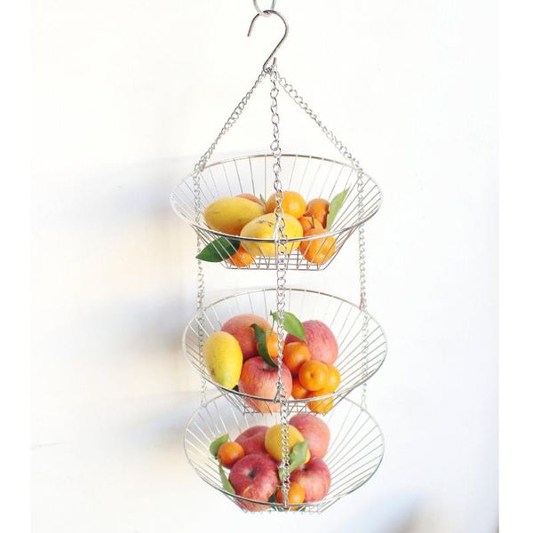 Storage Baskets 3-Tier Wire Hanging Basket Stainless Steel Fruit Swing Bowl Vegetables Rack Display Stand