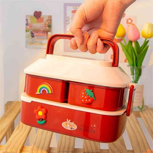 Cartoon Children Lunch Box Cute Student Bento Microwave Lunch Boxes Food Storage With Independent Box Cutlery For Kid Camping 210818