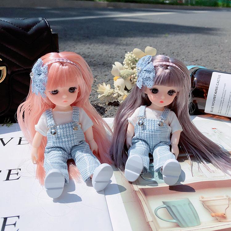 Keychains Cute BJD Overalls Girl 16cm Doll Keychain Moveable Jointed Dolls Toy For Girls Gift Women Bag Charms Car Key Pendant Rings