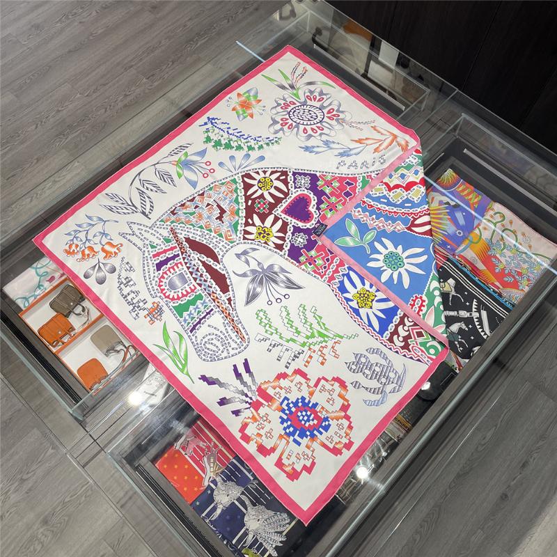 Scarves 90cm Double Sided Print Hand Rolled Edges 100% Natural Silk Scarf Mosaic Horse Women Square Shawl Brand Hijab Bandana