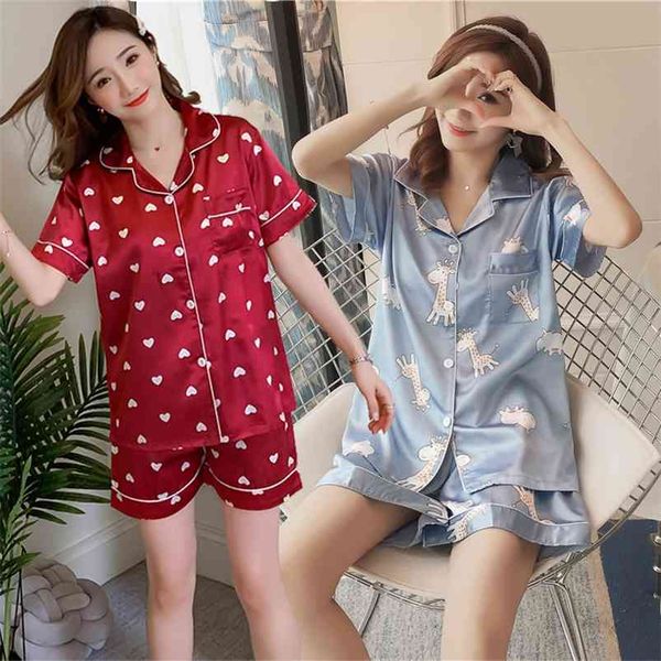 Summer Short Sleeve Silk Satin Print Pama Sets for Women Shorts Sleepwear Suit Pyjamas Homewear Pijama Mujer Home Clothes 210831
