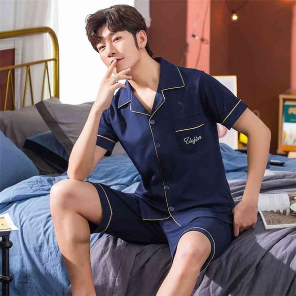 Plus Szie 4XL 5XL Men Pajama Set Summer Comfortable Men Sleepwear Short Sleeve Cotton Pajamas Men Elastic Waist Leisure Outwear 210901