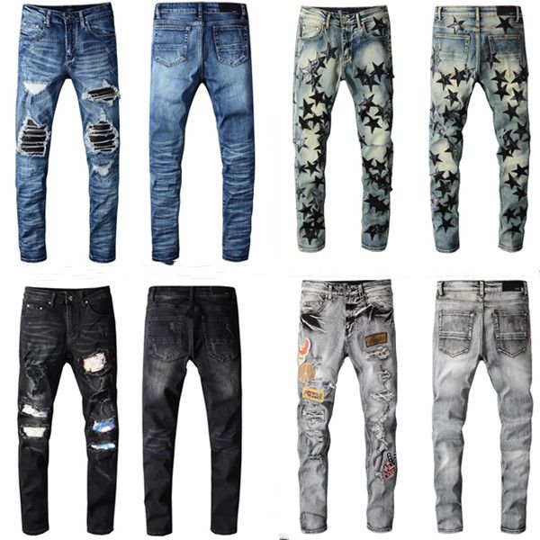 20ss mens denim jeans black ripped pants fashion skinny broken style bike motorcycle rock revival jean