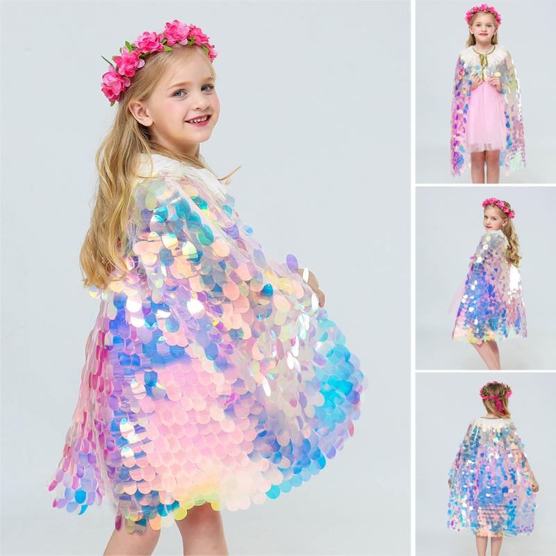 Scarves Ly Mermaid Cloak Children Colorful Sequined Capes Princess Kid Shiny Bright Party Costume Girl DO99