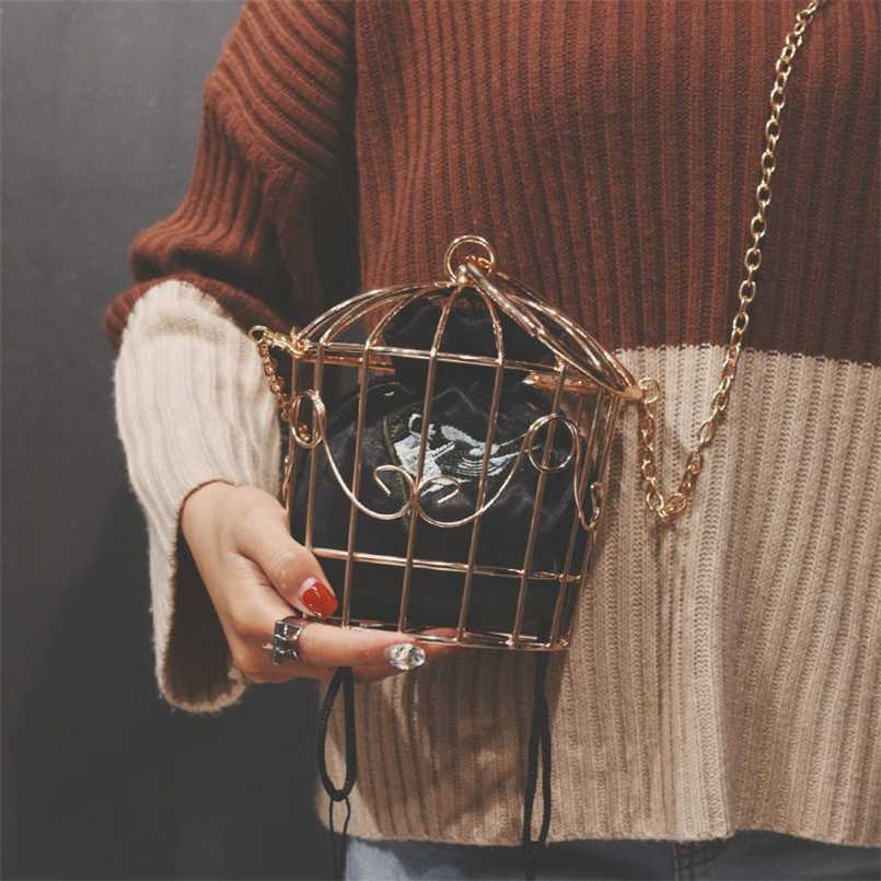 Women&#039;s Birdcage Evening Bag Clutch Metal Frame Embroidery Bucket Bird Cage Mini Purse Women Gold Tassel Handbag 211025