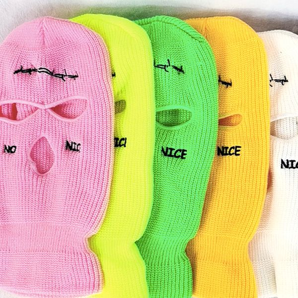 Winter Knitted Caps Balaclava Face Mask Personalized 3 Holes Embroidery Pink Neon Ski Hat