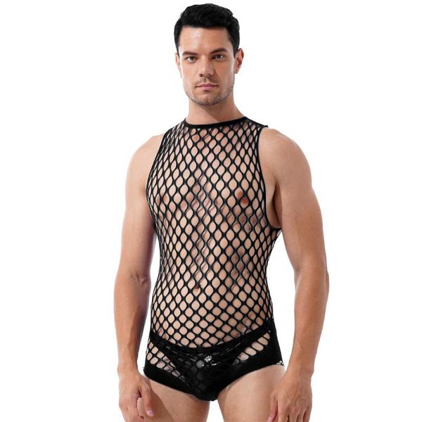 One-Piece Suits Mens See-through Netted Lingerie Bodysuits Hollow Out Fishnet Bodystockings Halter Neck Sleeveless Stretchy Nightwear
