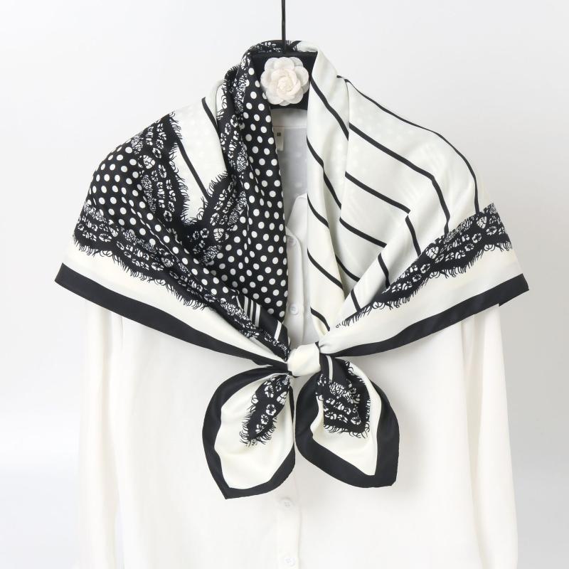 Scarves Eyelash Lace Print Silk Scarf 90cm Large Square Moslem Head Wrap Ladies Nationality Headscarf Elegant Sunscreen Shawl