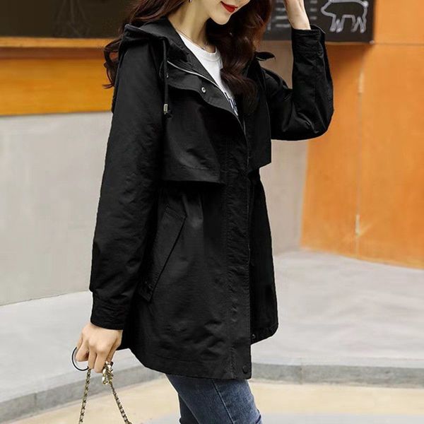 Womens Casual Windbreaker Jackets Mid-length Feminino Spring Autumn Loose Waist Hooded Coat Outerwear Female
