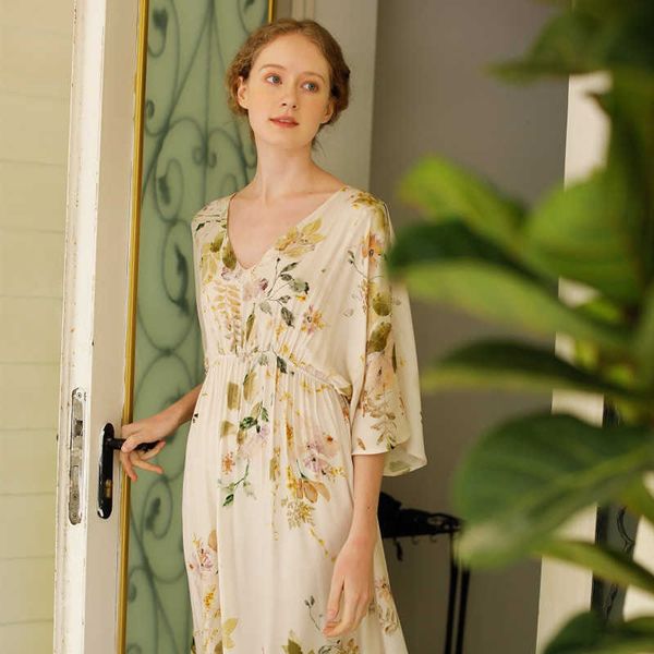 Spring Summer Viscose Women&#039;s Short Sleeve Floral Fashion Long Nightgowns Casual Loose Sleepwear Delicate Home Night Dress 210924