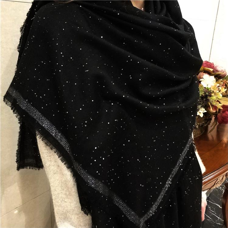 Scarves Winter 100% Pure Wool Scarf Women Sequin Beaded Black Thicken Shawl And Wrap Foulard Femme Echarpe Pashmina