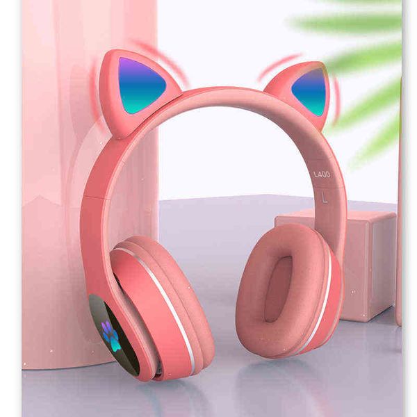 Bluetooth Headphone Headsets V5.0 Flashing Wireless Earbuds Foldable Game Stereo Kids Girl Earphone with Microphone Cute Cat Ear