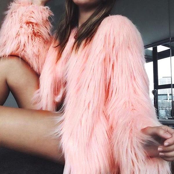 Women&#039;s Fur & Faux Fashion Furry Coat Women Fluffy Warm Long Sleeve Female Outerwear Autumn Winter Jacket Hairy Collarless Overcoat