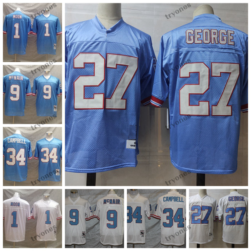 Vintage 1997 Oilers 27 Eddie George 1 Warren Moon Football Jerseys 34 Earl Campbell 9 Steve McNair Stitched Shirts Embroidery Mens Jersey 1980 Light