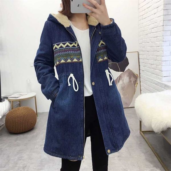 Women&#039;s Denim Jacket Winter Printing Warm Thicken Plus Velvet Cotton Padded Coat Loose Hooded Long Outerwear Female 211018