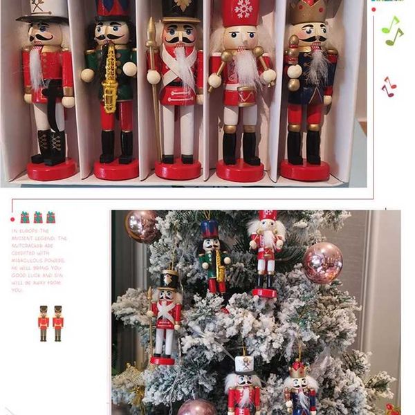 5-6pcs Merry Christmas Decorations Kids Nutcracker Soldier Doll 12cm Wooden Pendants Year Ornaments for Navidad Xmas Tree 211018