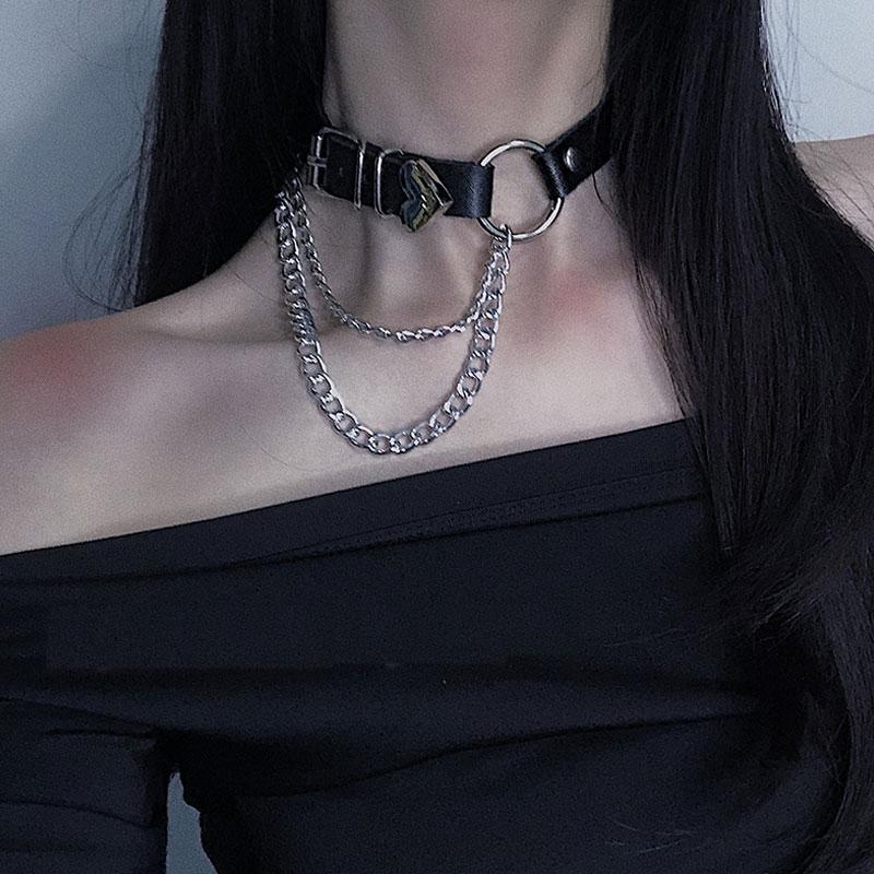 Chokers Metal Chain Love Pendant Gothic Leather Clavicle Choker Necklace For Women Cool Girl Punk Hip Hop Jewelry Party