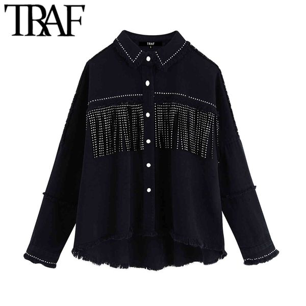 Designer coat TRAF Women Stylish Tassel Beaded Oversized Denim Jacket Coat Vintage Fashion Long Sleeve Frayed Trim Outerwear Chic Loose Tops