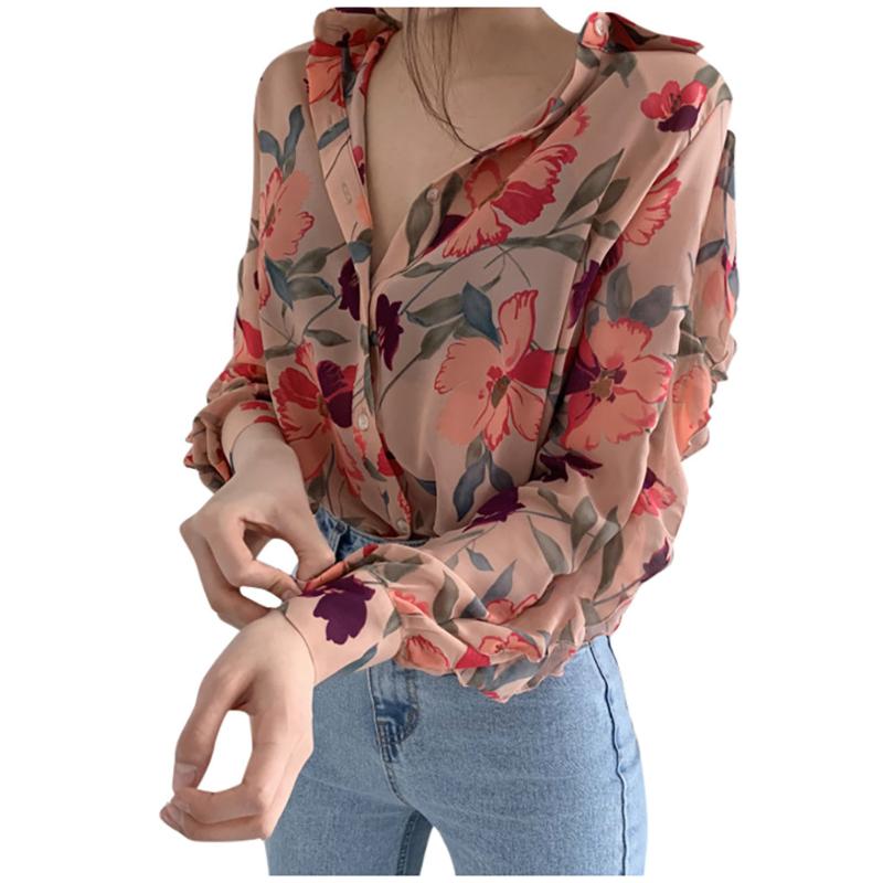 Women&#039;s Blouses & Shirts Fashion Women Chiffon Long Puff Sleeve Printed V-neck Top Ladies Button Plus Size Vintage #SRN