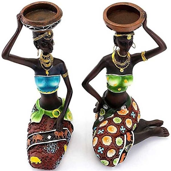 Statue Sculpture Candleholder African Figurines 8.5&quot; Candle Holder For Dining Room Decoration Desk Accessories Minimalist Decor 211108