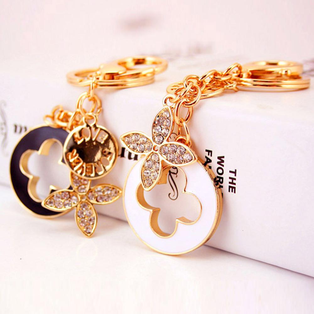 Crystal Alloy Lipsticks Shape Keychain Four Leaves Keyring for Handbag Car Key Pendant Key Chains Birthday Gift