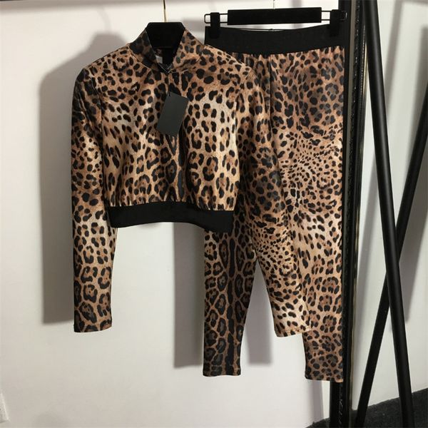 Cheetah Women&#039;s Two Piece Pants Tracksuits Yoga Suits Leopard Print Long Sleeves Short Jacket Waist Slim Leggings Sport Suit